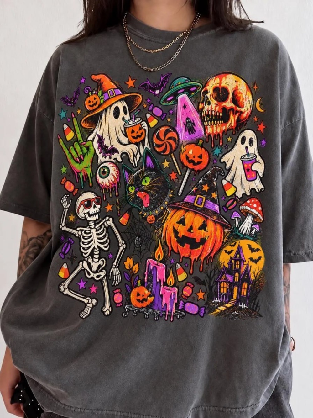Comfort Colors Pepper Halloween Graphic Tee with Neon Multi-Color Print